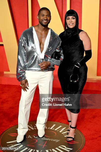 Usher and Jennifer Goicoechea attend the 2024 Vanity Fair Oscar Party Hosted By Radhika Jones at Wallis Annenberg Center for the Performing Arts on...