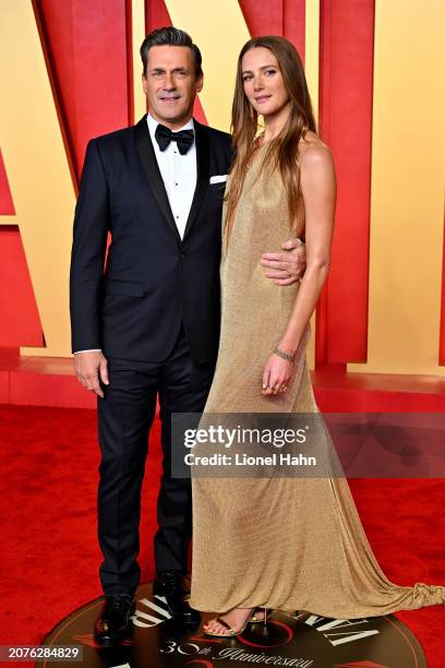 Jon Hamm and Anna Osceola attend the 2024 Vanity Fair Oscar Party Hosted By Radhika Jones at Wallis Annenberg Center for the Performing Arts on March...