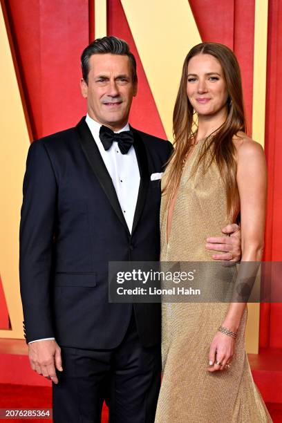 Jon Hamm and Anna Osceola attend the 2024 Vanity Fair Oscar Party Hosted By Radhika Jones at Wallis Annenberg Center for the Performing Arts on March...