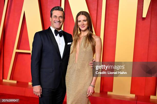 Jon Hamm and Anna Osceola attend the 2024 Vanity Fair Oscar Party Hosted By Radhika Jones at Wallis Annenberg Center for the Performing Arts on March...