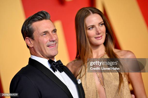 Jon Hamm and Anna Osceola attend the 2024 Vanity Fair Oscar Party Hosted By Radhika Jones at Wallis Annenberg Center for the Performing Arts on March...