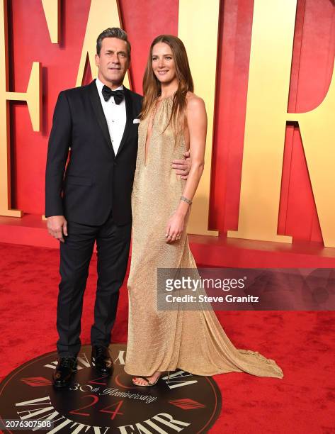 Jon Hamm, Anna Osceola arrives at the 2024 Vanity Fair Oscar Party Hosted By Radhika Jones at Wallis Annenberg Center for the Performing Arts on...