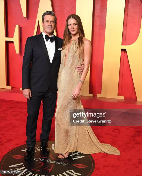 Jon Hamm, Anna Osceola arrives at the 2024 Vanity Fair Oscar Party Hosted By Radhika Jones at Wallis Annenberg Center for the Performing Arts on...