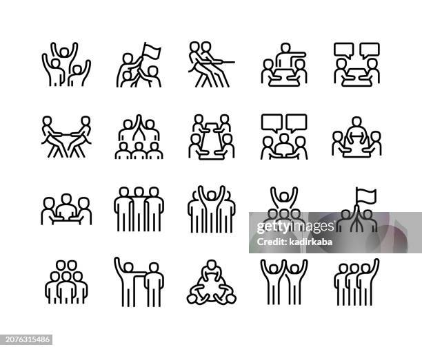 ilustraciones, imágenes clip art, dibujos animados e iconos de stock de conjunto de iconos de línea comunitaria. coworking, personas, trabajo en equipo, grupo de personas. - lider