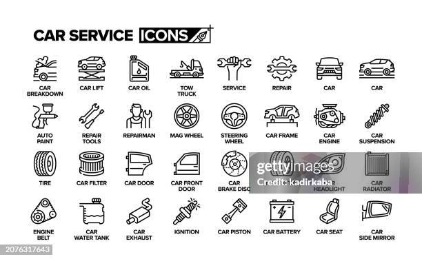 illustrations, cliparts, dessins animés et icônes de jeu d’icônes de ligne de service de voiture. garage, entretien, mécanique automobile. - partie de véhicule