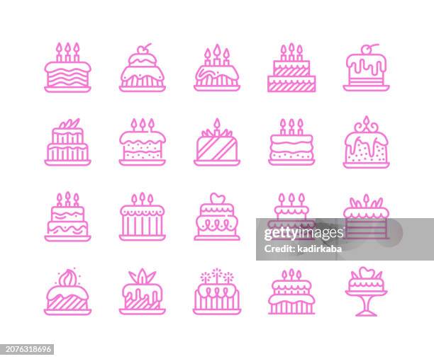 birthday cakes line icon set. candy, sugar, chocolate, bakery, party. - doodle background chocolate stock illustrations