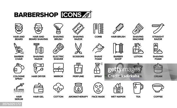 ilustraciones, imágenes clip art, dibujos animados e iconos de stock de barbershop line icon set. hair, beard, mustache. beauty, barber. - planchas de pelo