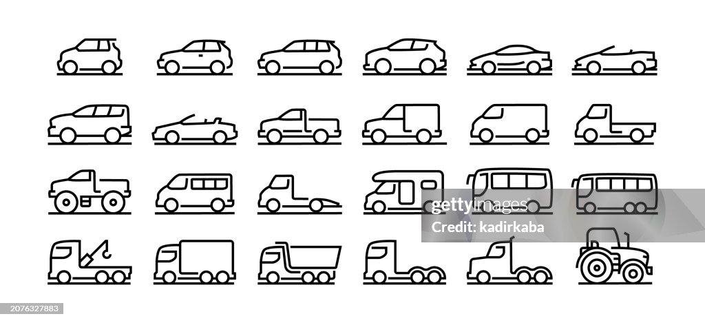 Cars Line Icon Set. Auto, Car, Mini Van, Truck, Tractor, 4x4, Sedan.