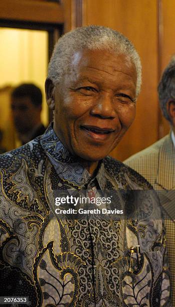 Nelson Mandela, South Africas first post apartheid president, greeting celebrities and performers at the Freedom Concert in Trafalgar Square in...