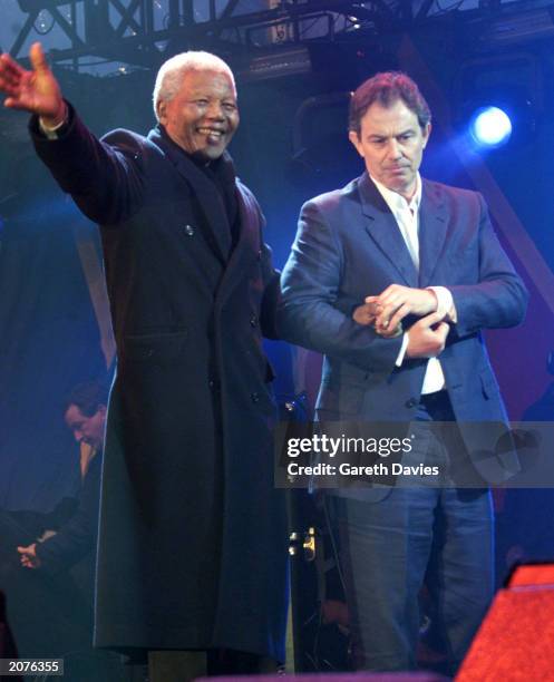 Nelson Mandela, South Africas first post apartheid president and UK Prime Minister Tony Blair at the Freedom Concert in Trafalgar Square in London,...