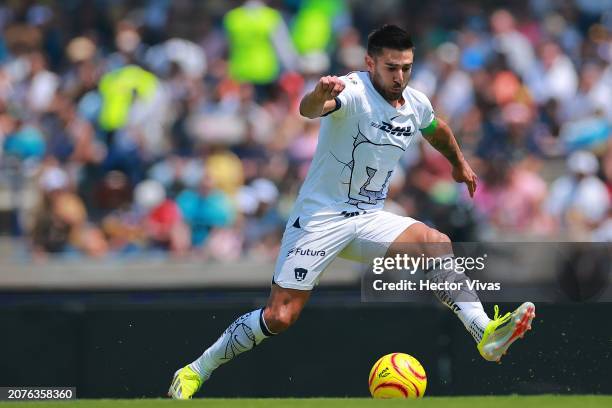 Eduardo Salvio of Pumas UNAM runs with the ball during the 11th round match between Pumas UNAM and Tijuana as part of the Torneo Clausura 2024 Liga...