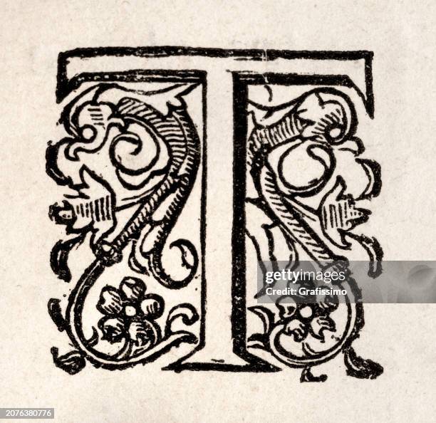 buchstabe t als mittelalterliches anfangskapitell aus dem sechzehnten jahrhundert - dekorative kunst stock-grafiken, -clipart, -cartoons und -symbole