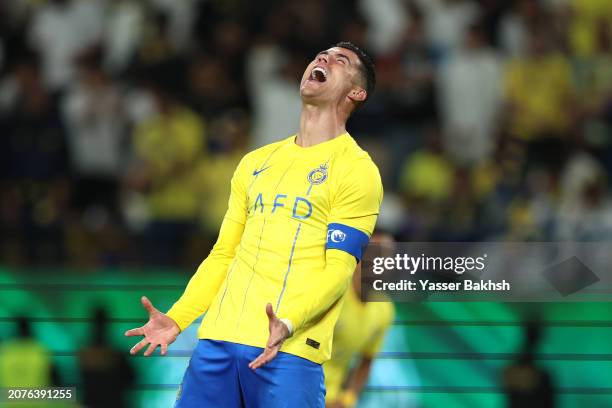 Cristiano Ronaldo of Al Nassr reacts during the AFC Champions League Quarter Final 2nd Leg match between Al-Nassr and Al Ain at Al -Awwal Stadium on...