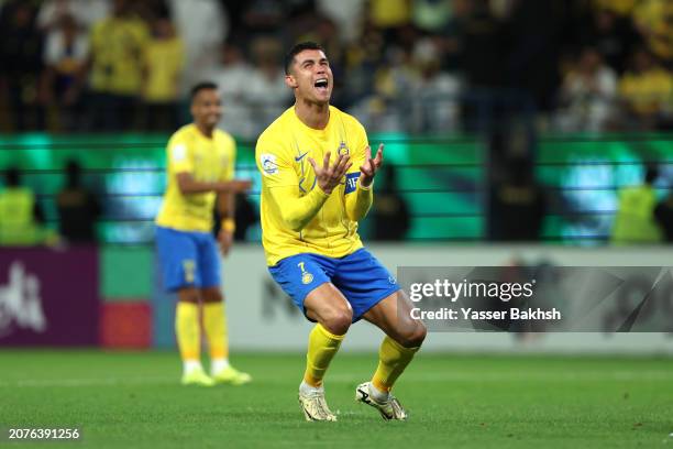 Cristiano Ronaldo of Al Nassr reacts during the AFC Champions League Quarter Final 2nd Leg match between Al-Nassr and Al Ain at Al -Awwal Stadium on...