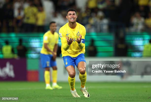 Cristiano Ronaldo of Al Nassr reacts during the AFC Champions League Quarter Final 2nd Leg match between Al-Nassr and Al Ain at Al -Awwal Stadium on...