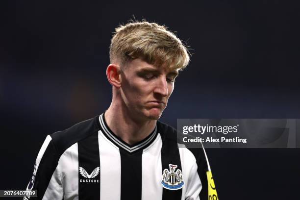 Anthony Gordon of Newcastle United reacts during the Premier League match between Chelsea FC and Newcastle United at Stamford Bridge on March 11,...