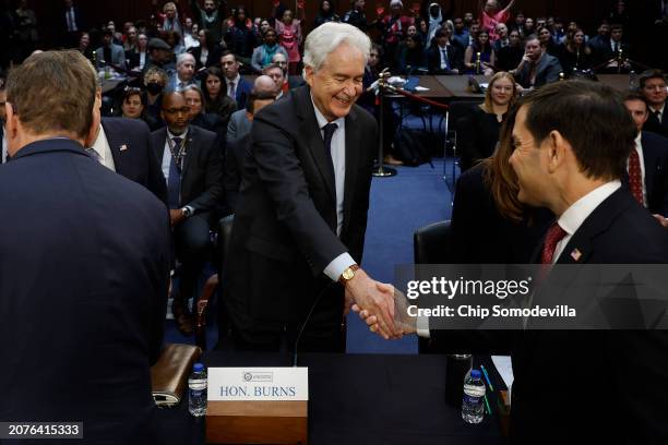 Central Intelligence Agency Director William Burns greet Senate Select Committee on Intelligence Vice Chair Marco Rubio before an open hearing about...