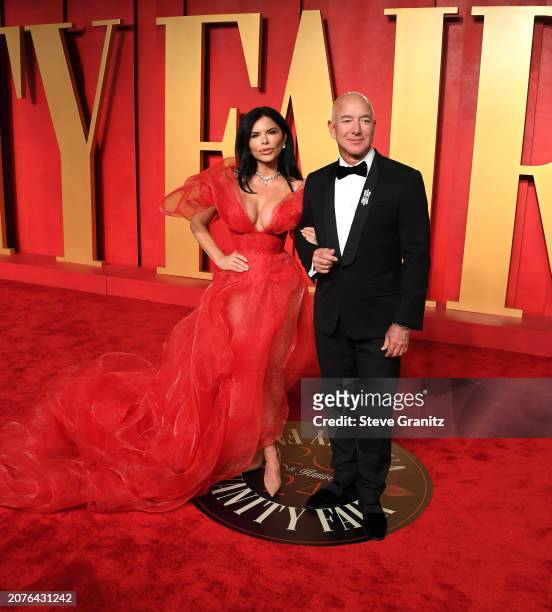 Lauren Sánchez, Jeff Bezos arrives at the 2024 Vanity Fair Oscar Party Hosted By Radhika Jones at Wallis Annenberg Center for the Performing Arts on...