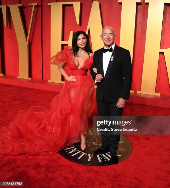 Lauren Sánchez, Jeff Bezos arrives at the 2024 Vanity Fair Oscar Party Hosted By Radhika Jones at Wallis Annenberg Center for the Performing Arts on...