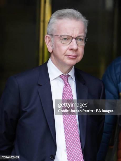 Minister for Levelling Up, Housing and Communities, Michael Gove, leaves the Millbank Studios in central London after taking part in the morning...