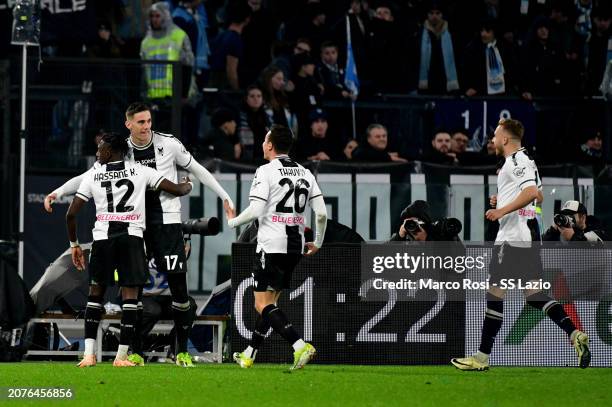 Lorenzo Lucca of Udinese Calcio celebrates an opening goal during the Serie A TIM match between SS Lazio and Udinese Calcio Serie A TIM at Stadio...