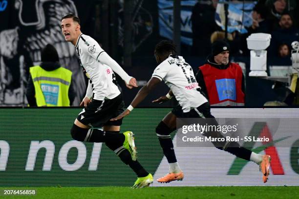 Lorenzo Lucca of Udinese Calcio celebrates an opening goal during the Serie A TIM match between SS Lazio and Udinese Calcio Serie A TIM at Stadio...