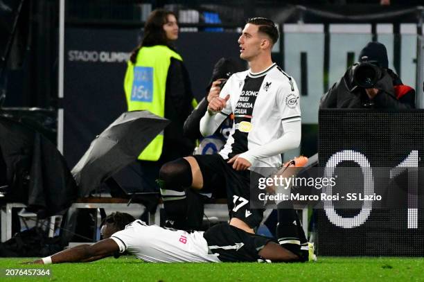 Lorenzo Lucca of Udinese Calcio celebrates an opening goal during the Serie A TIM match between SS Lazio and Udinese Calcio Serie A TIM at Stadio...