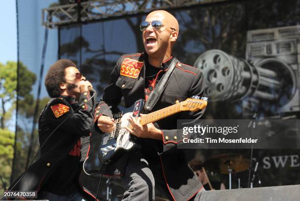 Boots Riley and Tom Morello of Street Sweeper Social Club perform during the Outside Lands Music & Arts festival at the Polo Fields in Golden Gate...