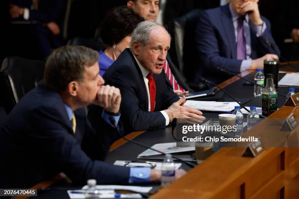Senate Select Committee on Intelligence member Sen. James Risch speaks during an open hearing about global threats against the United States in the...