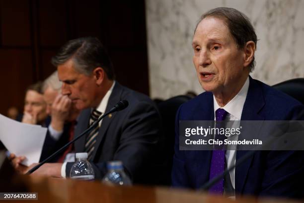 Senate Select Committee on Intelligence member Sen. Ron Wyden questions leaders from the U.S. Intelligence community during an open hearing in the...