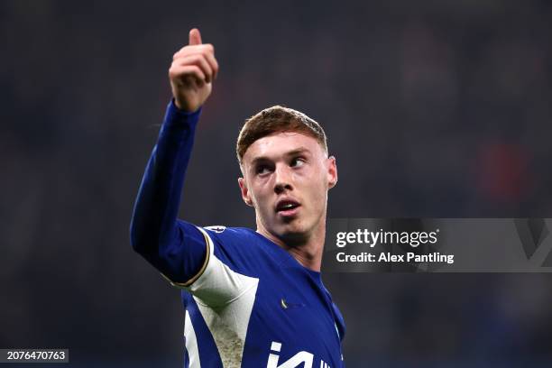 Cole Palmer of Chelsea celebrates scoring his team's second goal during the Premier League match between Chelsea FC and Newcastle United at Stamford...