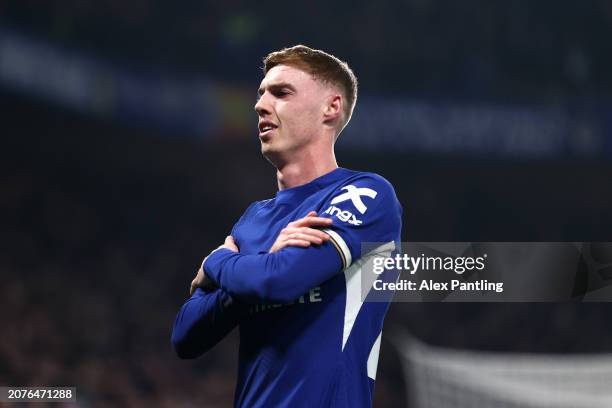 Cole Palmer of Chelsea celebrates scoring his team's second goal during the Premier League match between Chelsea FC and Newcastle United at Stamford...