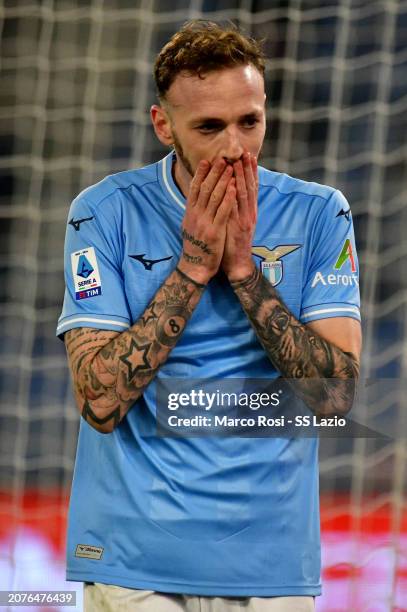 Manuel Lazzari of SS Lazio reacts during the Serie A TIM match between SS Lazio and Udinese Calcio Serie A TIM at Stadio Olimpico on March 11, 2024...