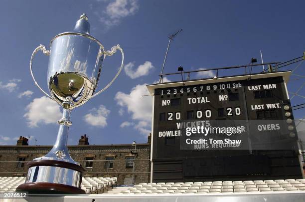 The Twenty20 trophy is unveiled a day before the start of the Twenty20 tournament at the AMP Oval on June 12, 2003 in London.