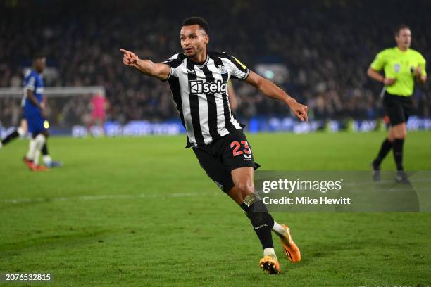 Jacob Murphy of Newcastle United celebrates scoring his team's second goal during the Premier League match between Chelsea FC and Newcastle United at...