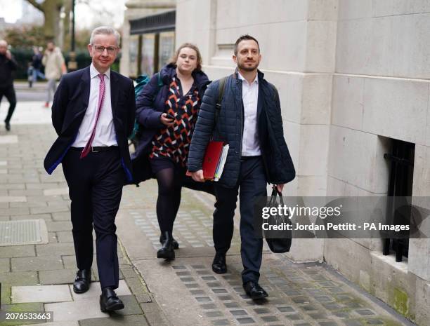 Minister for Levelling Up, Housing and Communities, Michael Gove , leaves the Millbank Studios in central London after taking part in the morning...