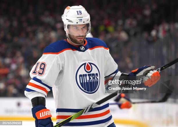 Adam Henrique of the Edmonton Oilers takes a break during a stoppage in play against the Columbus Blue Jackets at Nationwide Arena on March 07, 2024...