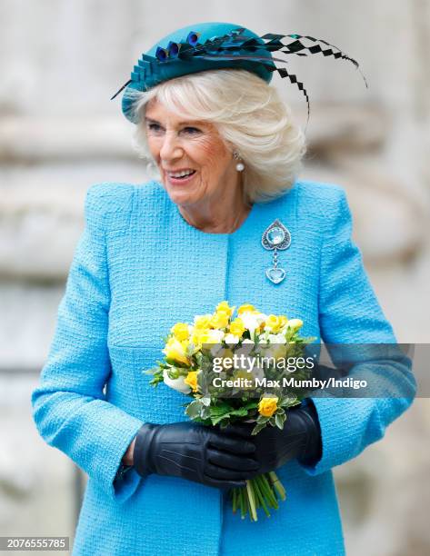 Queen Camilla attends the 2024 Commonwealth Day Service at Westminster Abbey on March 11, 2024 in London, England. The Commonwealth represents a...