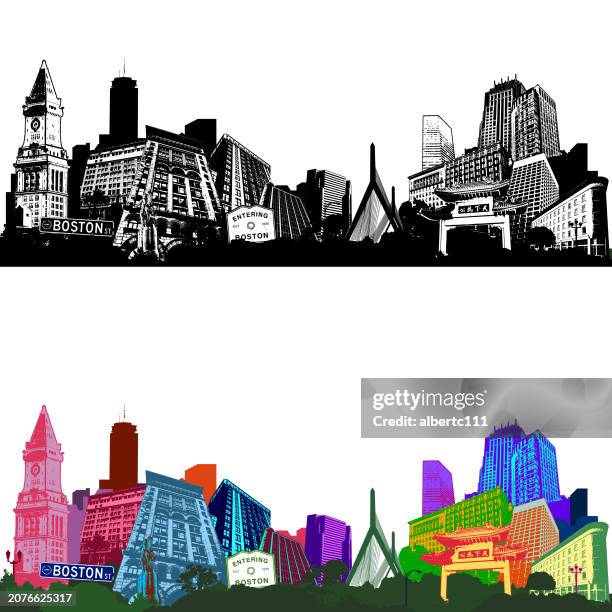 stylized boston cityscape with buildings - boston common skyline stock illustrations