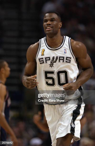 David Robinson of the San Antonio Spurs runs during Game two of the 2003 NBA Finals against the New Jersey Nets at SBC Center on June 6, 2003 in San...