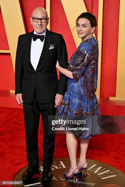 Patrick Stewart and Sunny Ozell attend the 2024 Vanity Fair Oscar Party Hosted By Radhika Jones at Wallis Annenberg Center for the Performing Arts on...