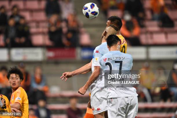 Jong Tae-se of Shimizu S-Pulse heads to score the team's second goal during the J.League YBC Levain Cup Group B match between Shimizu S-Pulse and...