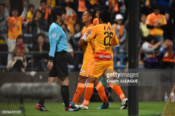 Jong Tae-se of Shimizu S-Pulse celebrates with teammatesafter scoring the team's second goal during the J.League YBC Levain Cup Group B match between...