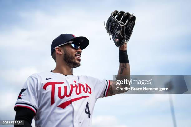 Carlos Correa of the Minnesota Twins looks on during a spring training game against the Boston Red Sox on March 1, 2024 at the Lee County Sports...