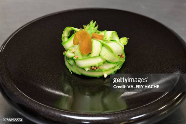 This photograph taken on March 13 shows the "Les asperges verte du pays" starter prepared by French chef Virginie Basselot, best craftswoman and chef...