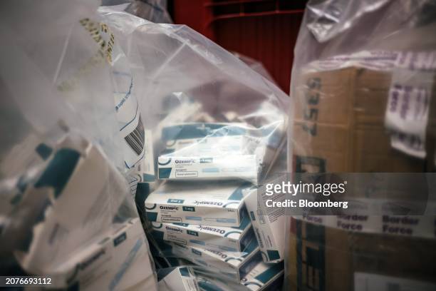 Bags of counterfeit Novo Nordisk A/S Ozempic at a warehouse operated by the UK's Medicines and Healthcare Products Regulatory Agency in London, UK,...