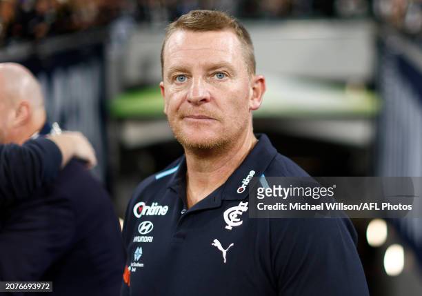 Michael Voss, Senior Coach of the Blues looks on during the 2024 AFL Round 01 match between the Carlton Blues and the Richmond Tigers at the...