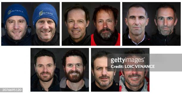 This combination of pictures made on March 14, 2024 shows the first five skippers who completed the round-the-world-solo multihull sailing race,...