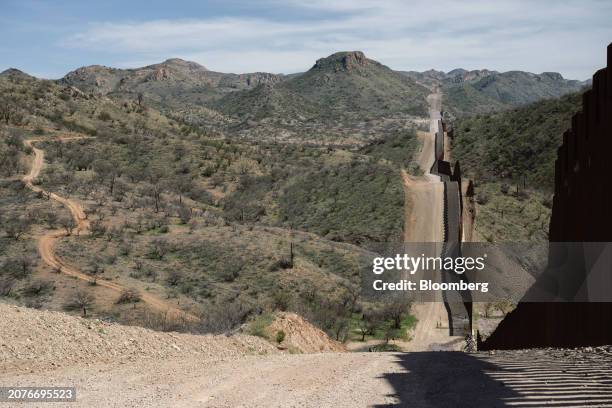 The border wall along on the US-Mexico border near Sasabe, Arizona, US, on Wednesday, March 13, 2024. During the first four months of fiscal year...