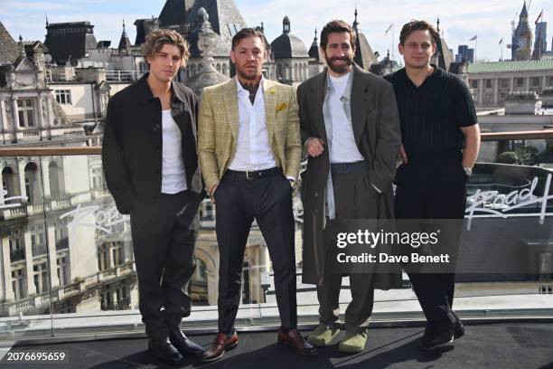 Lukas Gage, Conor McGregor, Jake Gyllenhaal and Billy Magnussen attend the "Road House" photocall at Corinthia London on March 14, 2024 in London,...